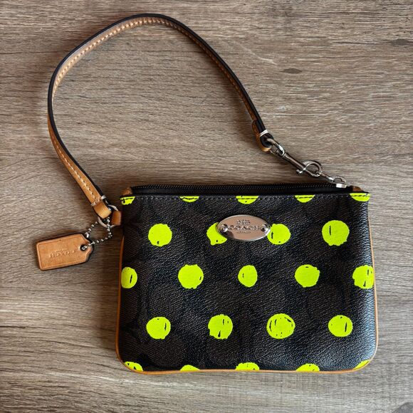 Coach Green Neon Polka Dot Signature Canvas Wristlet Style Number F52581 - Picture 3 of 16